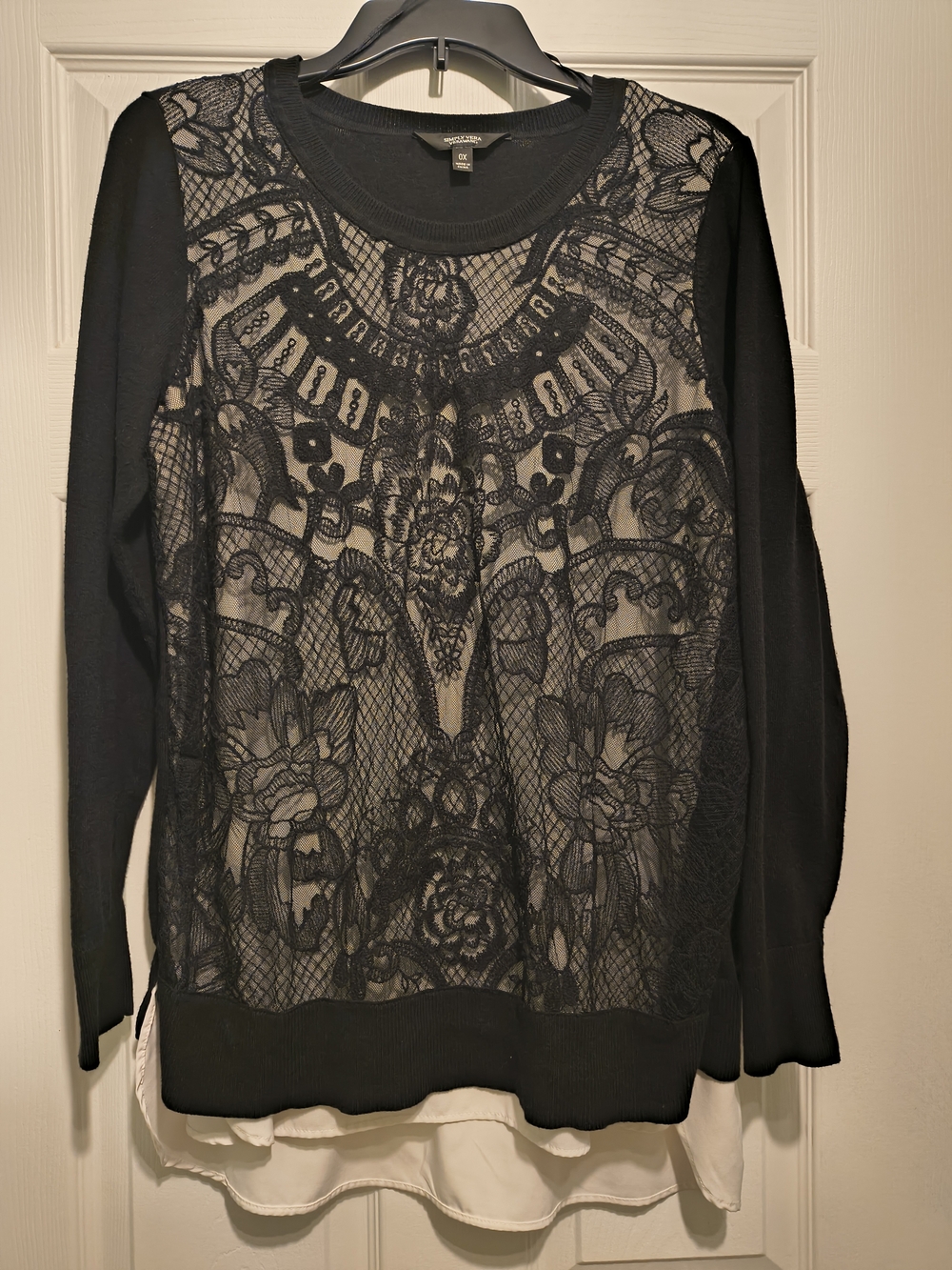 Simply Vera Vera Wang Black Lace-Overlay Crewneck Sweater with Cream Hem